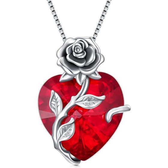 OCJ Birthstone Necklace for Women 925 Sterling Silver Rose Flower Heart Pendant Necklace Fine Jewelry Anniversary Birthday Gifts for Women Her Wife Girlfriend