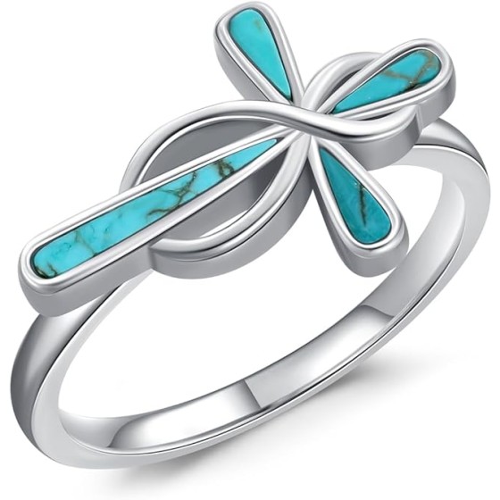 Genuine Turquoise Cross Rings for Women Infinity 925 Sterling Silver Gemstone Faith Ring Jewelry for Her