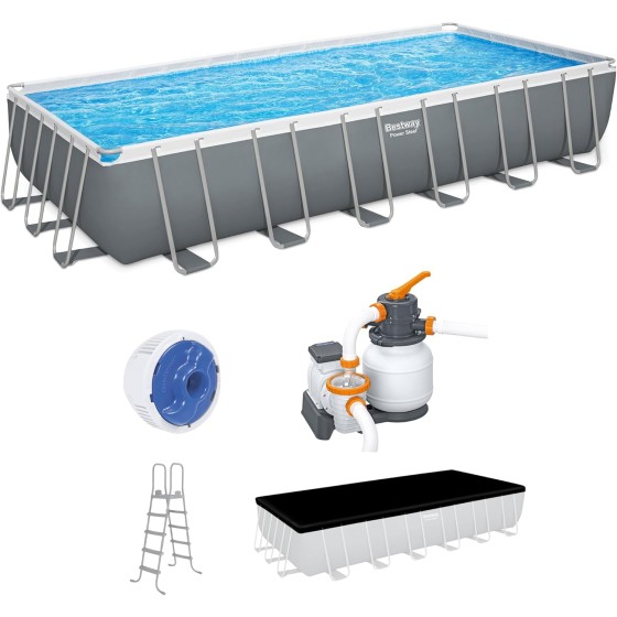 Bestway Power Steel 24' x 12' x 52" Rectangular Metal Frame Above Ground Swimming Pool Set with 1500 GPH Sand Filter Pump, Ladder, and Pool Cover