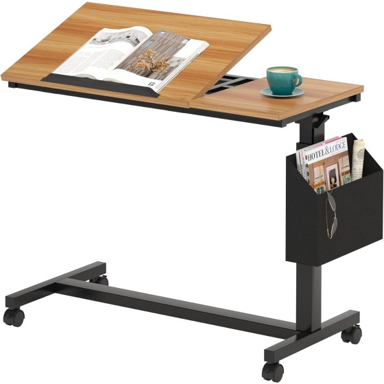Tribesigns C-Shaped End Table, Small Adjustable Height Rolling Side Table with Wheels and Storage Bag, Portable Mobile Tiltable Laptop Desks for Couch, Living Room, Bedroom, Walnut
