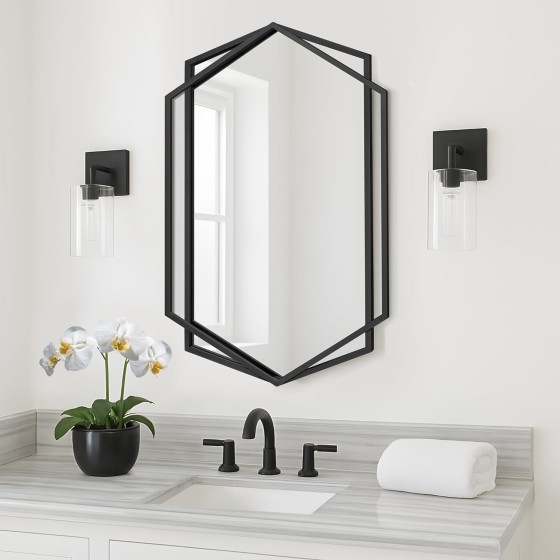 24"x36" Hexagon Bathroom Wall Mirror, Overlapping Black Metal Frame, Decorative Geometric Mirror for Entryway, Living Room