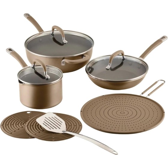 Circulon A1 Series with ScratchDefense Technology Nonstick Induction Pots and Pans, Metal Utensil Safe, Includes Splatter Guard, Slotted Turner and Silicone Trivets, 10 Piece Cookware Set - Champagne