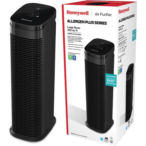 Honeywell HEPA Air Purifier for Home, 990Ft² Rooms in 1 hour, Reduces Allergens Dust, Pollen, Pet Dander, Odors, All Smoke Types, Tower, Black, HPA175